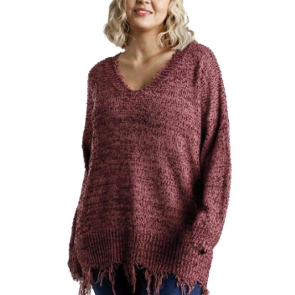Umgee Burgundy Oversized V-Neck Distressed Hem Sweater - Size - Large